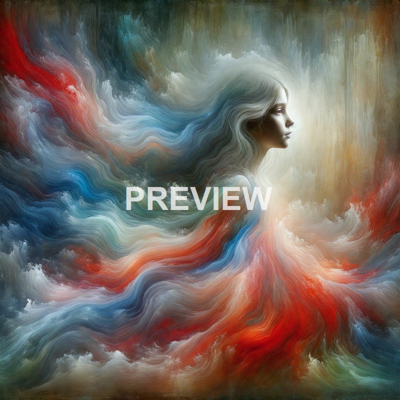 A surreal digital painting of a woman's profile with flowing, multi-colored hair that resembles swirling clouds or waves, blending into a vibrant, abstract background.